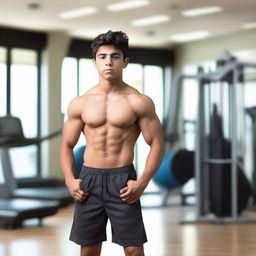 A young Mexican teenage boy with well-defined abs, standing confidently in a gym setting