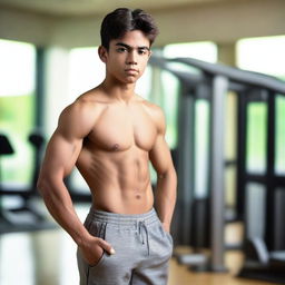 A young Mexican teenage boy with well-defined abs, standing confidently in a gym setting