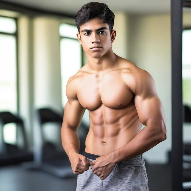 A young Mexican teenage boy with well-defined abs, standing confidently in a gym setting