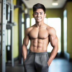 A young Mexican teenage boy with well-defined abs, standing confidently in a gym setting