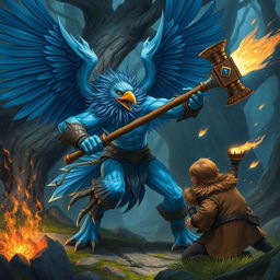 A detailed illustration of a blue human Aarakocra wielding a warhammer, engaged in an intense battle against a hobbit