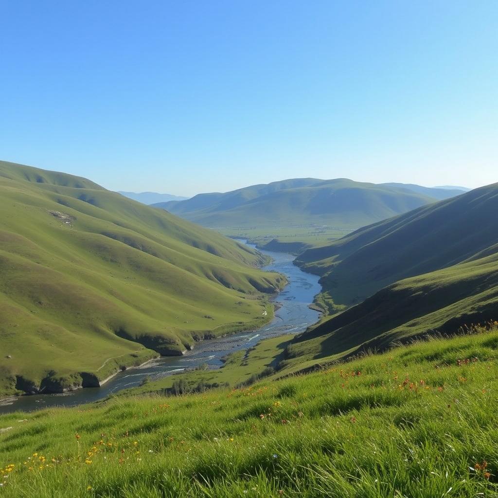 A serene landscape with rolling hills, a clear blue sky, and a gentle river flowing through the valley