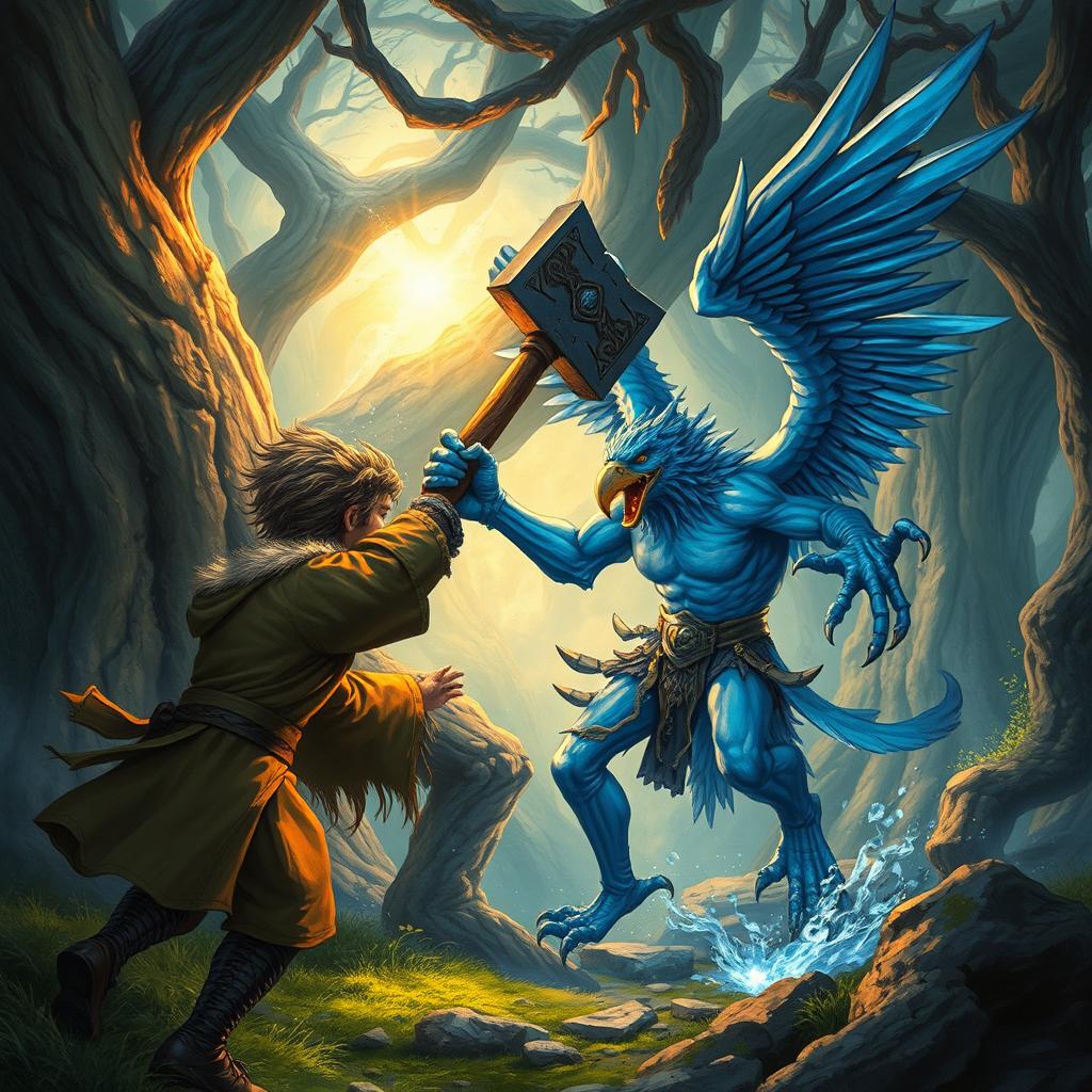 A detailed illustration of a blue human Aarakocra wielding a warhammer, engaged in an intense battle against a hobbit