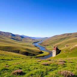 A serene landscape with rolling hills, a clear blue sky, and a gentle river flowing through the valley