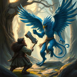 A detailed illustration of a blue human Aarakocra wielding a warhammer, engaged in an intense battle against a hobbit