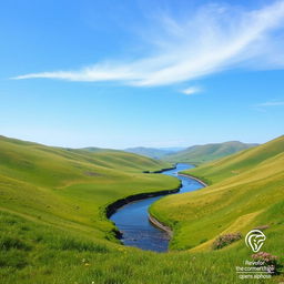 A serene landscape with rolling hills, a clear blue sky, and a gentle river flowing through the valley