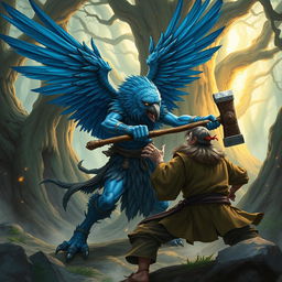 A detailed illustration of a blue human Aarakocra wielding a warhammer, engaged in an intense battle against a hobbit