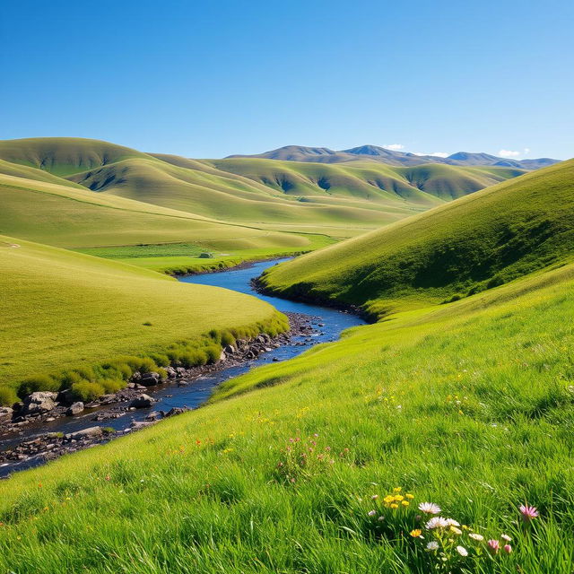 A serene landscape with rolling hills, a clear blue sky, and a gentle river flowing through the valley