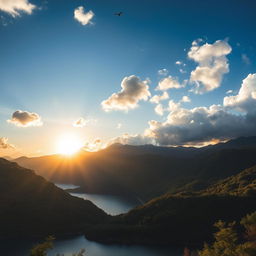 A beautiful landscape featuring a serene lake surrounded by lush green mountains under a clear blue sky with fluffy white clouds