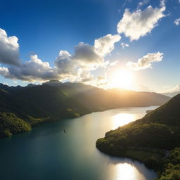 A beautiful landscape featuring a serene lake surrounded by lush green mountains under a clear blue sky with fluffy white clouds