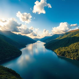 A beautiful landscape featuring a serene lake surrounded by lush green mountains under a clear blue sky with fluffy white clouds