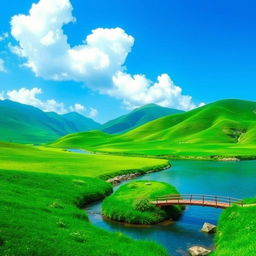 Create an image of a beautiful, serene landscape with lush green hills, a clear blue sky, and a calm river flowing through the scene