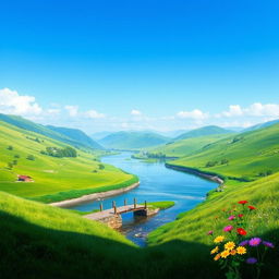 Create an image of a beautiful, serene landscape with lush green hills, a clear blue sky, and a calm river flowing through the scene