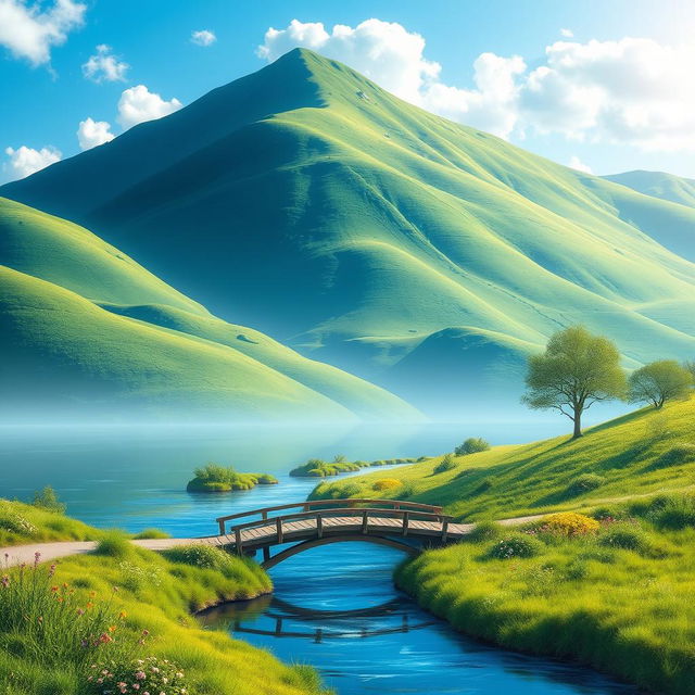 Create an image of a beautiful, serene landscape with lush green hills, a clear blue sky, and a calm river flowing through the scene