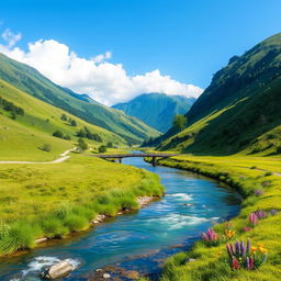 Create an image of a beautiful, serene landscape with lush green hills, a clear blue sky, and a calm river flowing through the scene