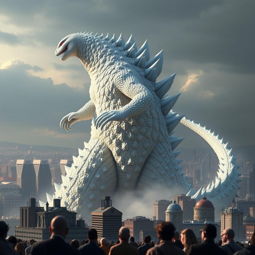 A striking image of an albino Godzilla, towering over a cityscape