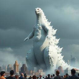 A striking image of an albino Godzilla, towering over a cityscape