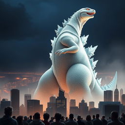 A striking image of an albino Godzilla, towering over a cityscape