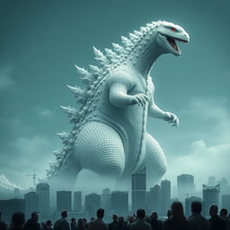 A striking image of an albino Godzilla, towering over a cityscape