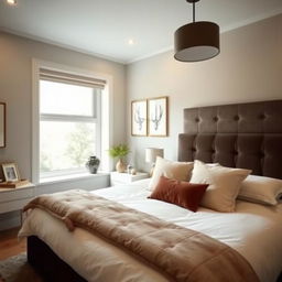 A cozy and modern bedroom with soft lighting, a comfortable bed with fluffy pillows, and stylish decor