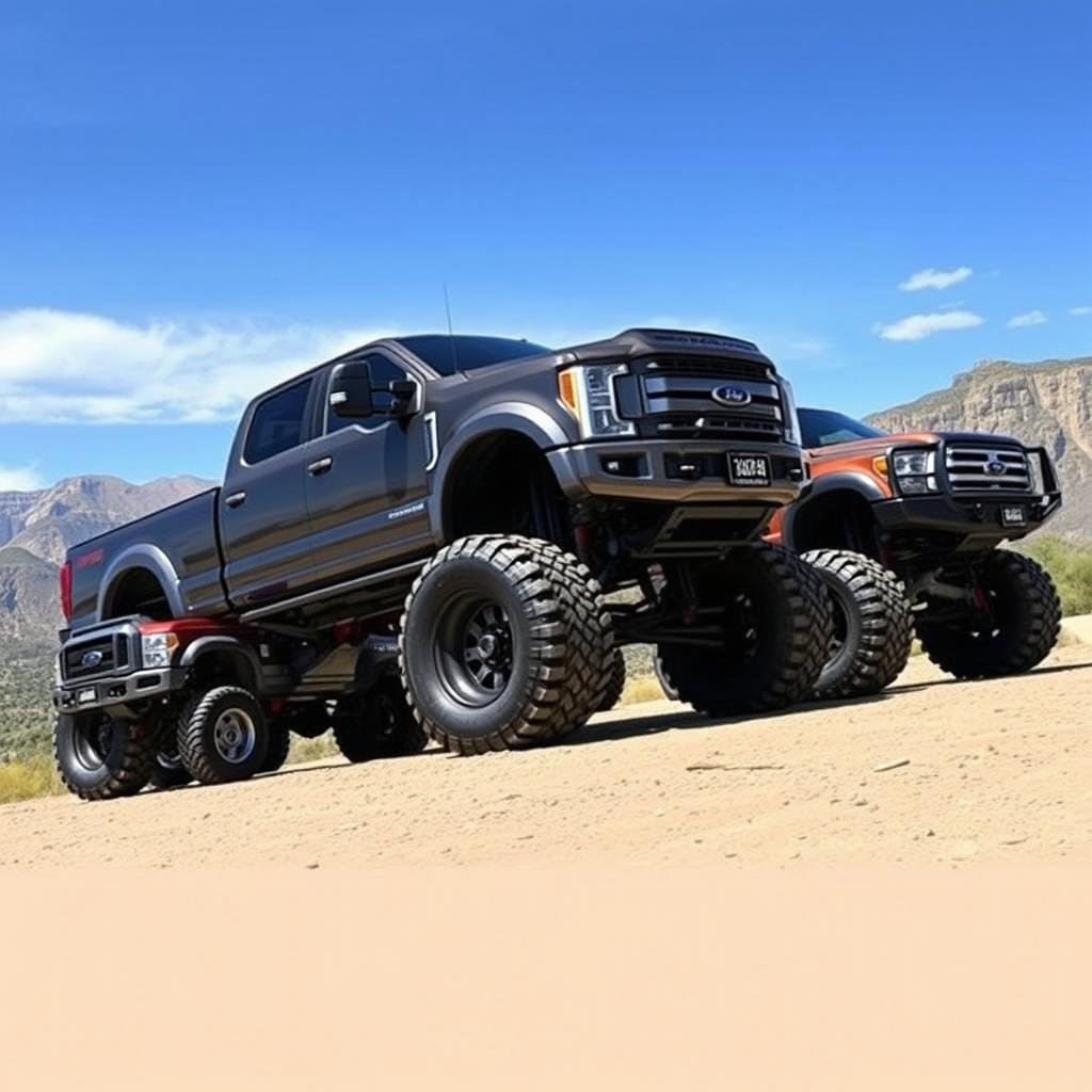 A collection of impressive lifted trucks, showcasing their massive tires, elevated suspensions, and rugged designs