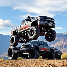 A collection of impressive lifted trucks, showcasing their massive tires, elevated suspensions, and rugged designs