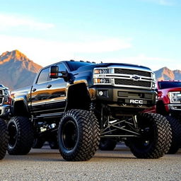 A collection of impressive lifted trucks, showcasing their massive tires, elevated suspensions, and rugged designs