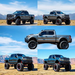 A collection of impressive lifted trucks, showcasing their massive tires, elevated suspensions, and rugged designs