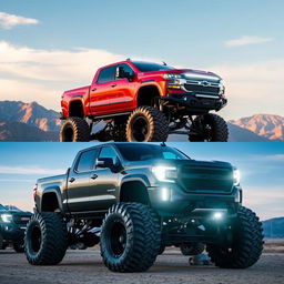 A collection of impressive lifted trucks, showcasing their massive tires, elevated suspensions, and rugged designs