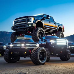 A collection of impressive lifted trucks, showcasing their massive tires, elevated suspensions, and rugged designs