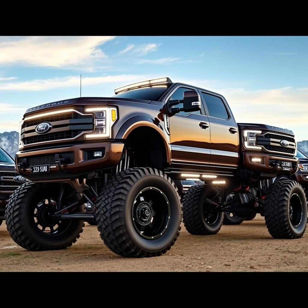 A collection of impressive lifted trucks, showcasing their massive tires, elevated suspensions, and rugged designs