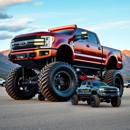 A collection of impressive lifted trucks, showcasing their massive tires, elevated suspensions, and rugged designs