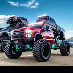 A collection of impressive lifted trucks, showcasing their massive tires, elevated suspensions, and rugged designs