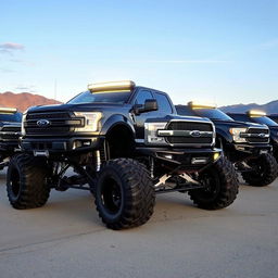 A collection of impressive lifted trucks, showcasing their massive tires, elevated suspensions, and rugged designs