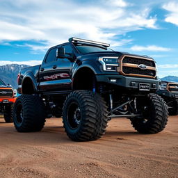 A collection of impressive lifted trucks, showcasing their massive tires, elevated suspensions, and rugged designs