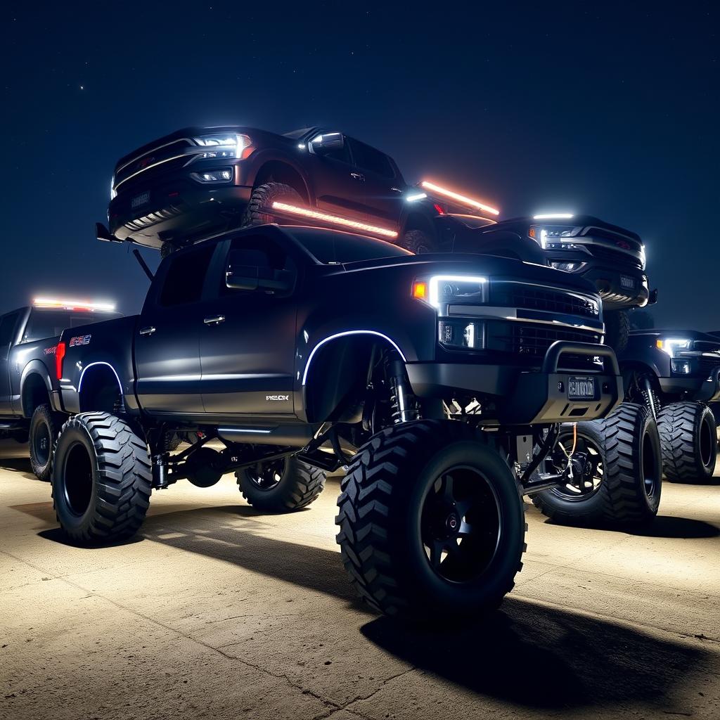 A collection of impressive lifted trucks, showcasing their massive tires, elevated suspensions, and rugged designs