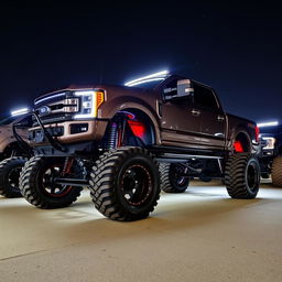 A collection of impressive lifted trucks, showcasing their massive tires, elevated suspensions, and rugged designs