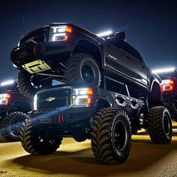 A collection of impressive lifted trucks, showcasing their massive tires, elevated suspensions, and rugged designs