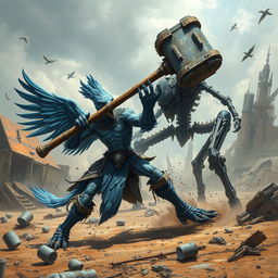 A dynamic battle scene featuring a blue aarakocra, a bird-like humanoid, wielding a massive warhammer