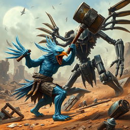 A dynamic battle scene featuring a blue aarakocra, a bird-like humanoid, wielding a massive warhammer