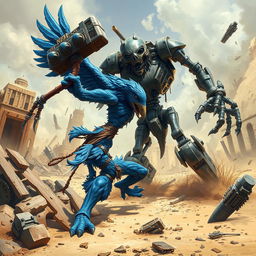 A dynamic battle scene featuring a blue aarakocra, a bird-like humanoid, wielding a massive warhammer