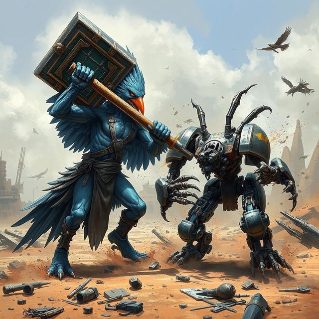 A dynamic battle scene featuring a blue aarakocra, a bird-like humanoid, wielding a massive warhammer