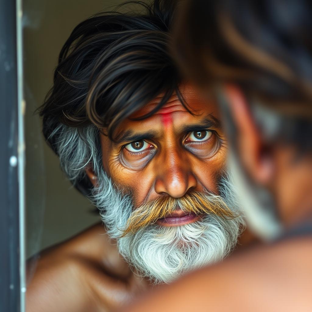 A 60-year-old South Indian man with medium-length, muddied hair and a medium beard with mixed colors