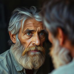 A 60-year-old South Indian man with medium-length, muddied hair and a medium beard with mixed colors