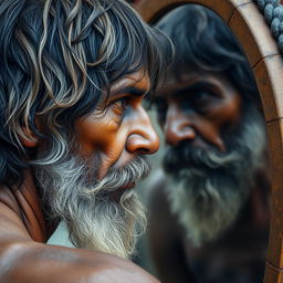 A 60-year-old South Indian man with medium-length, muddied hair and a medium beard with mixed colors