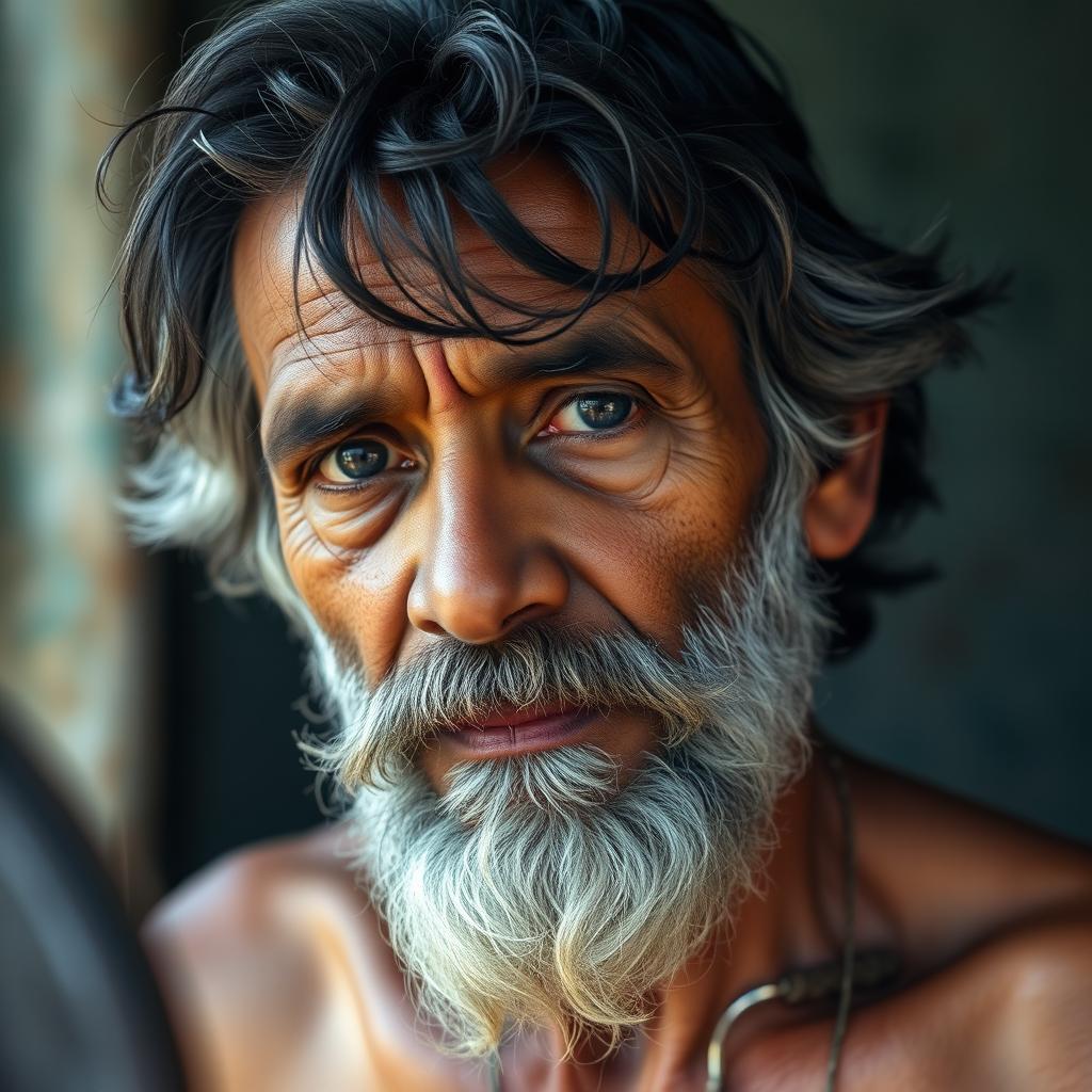 A 60-year-old South Indian man with medium-length, muddied hair and a medium beard with mixed colors