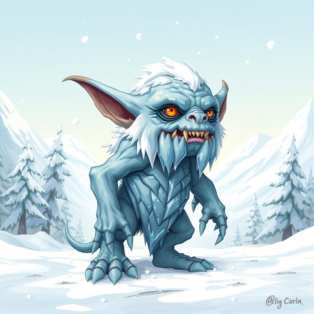 A detailed illustration of an Ice Goblin standing in a frozen landscape