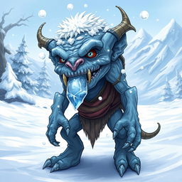 A detailed illustration of an Ice Goblin standing in a frozen landscape