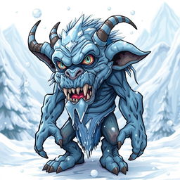 A detailed illustration of an Ice Goblin standing in a frozen landscape