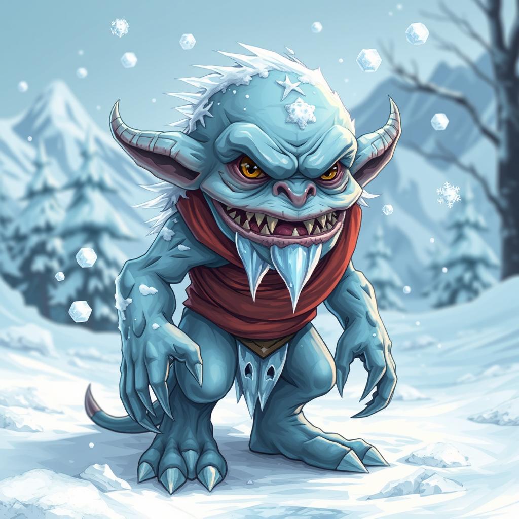 A detailed illustration of an Ice Goblin standing in a frozen landscape